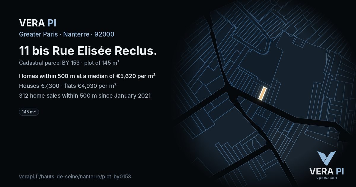 11 bis Rue Elisée Reclus, Nanterre at night – the plot lit, the parcels around coloured by the prices near them