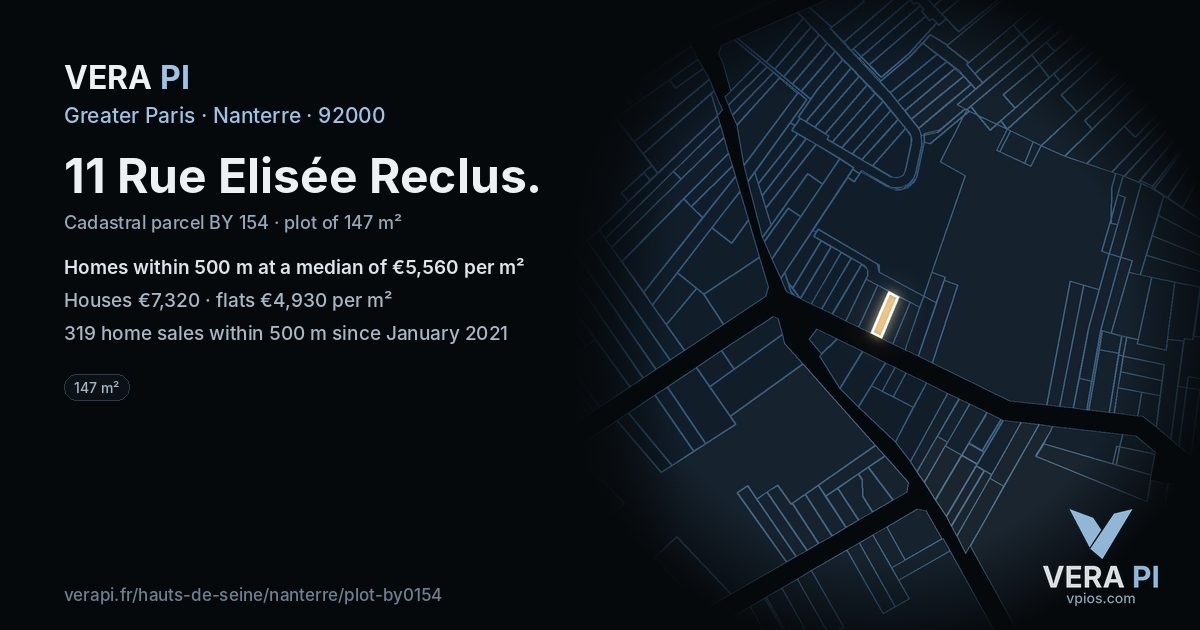 11 Rue Elisée Reclus, Nanterre at night – the plot lit, the parcels around coloured by the prices near them