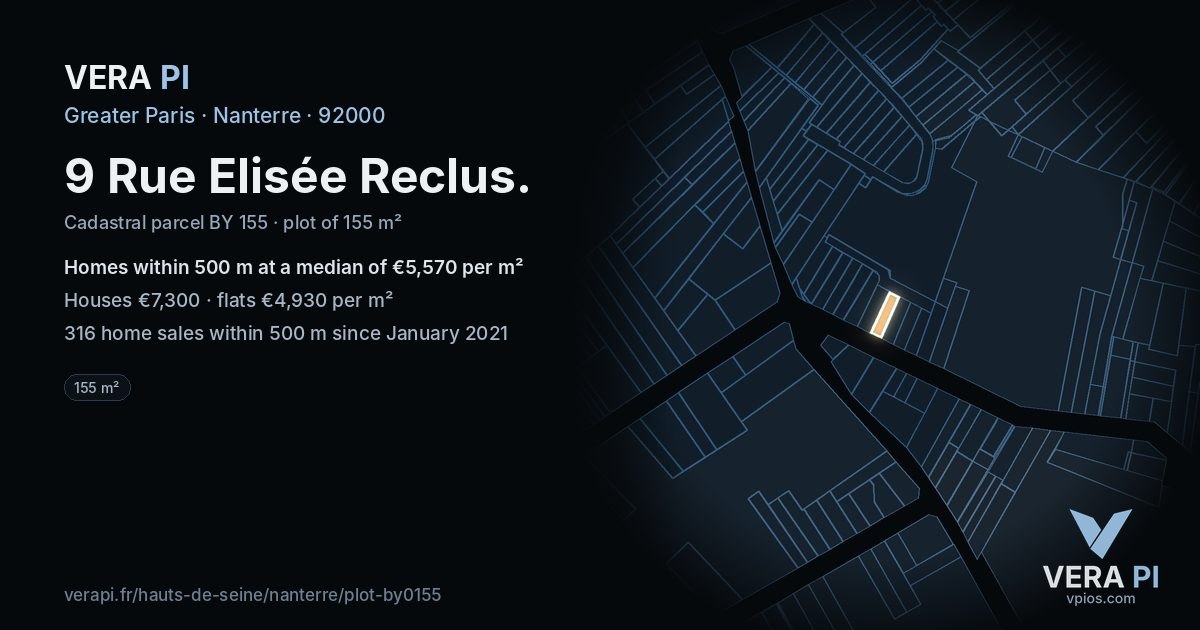 9 Rue Elisée Reclus, Nanterre at night – the plot lit, the parcels around coloured by the prices near them