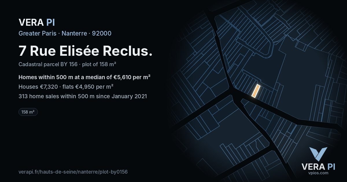 7 Rue Elisée Reclus, Nanterre at night – the plot lit, the parcels around coloured by the prices near them