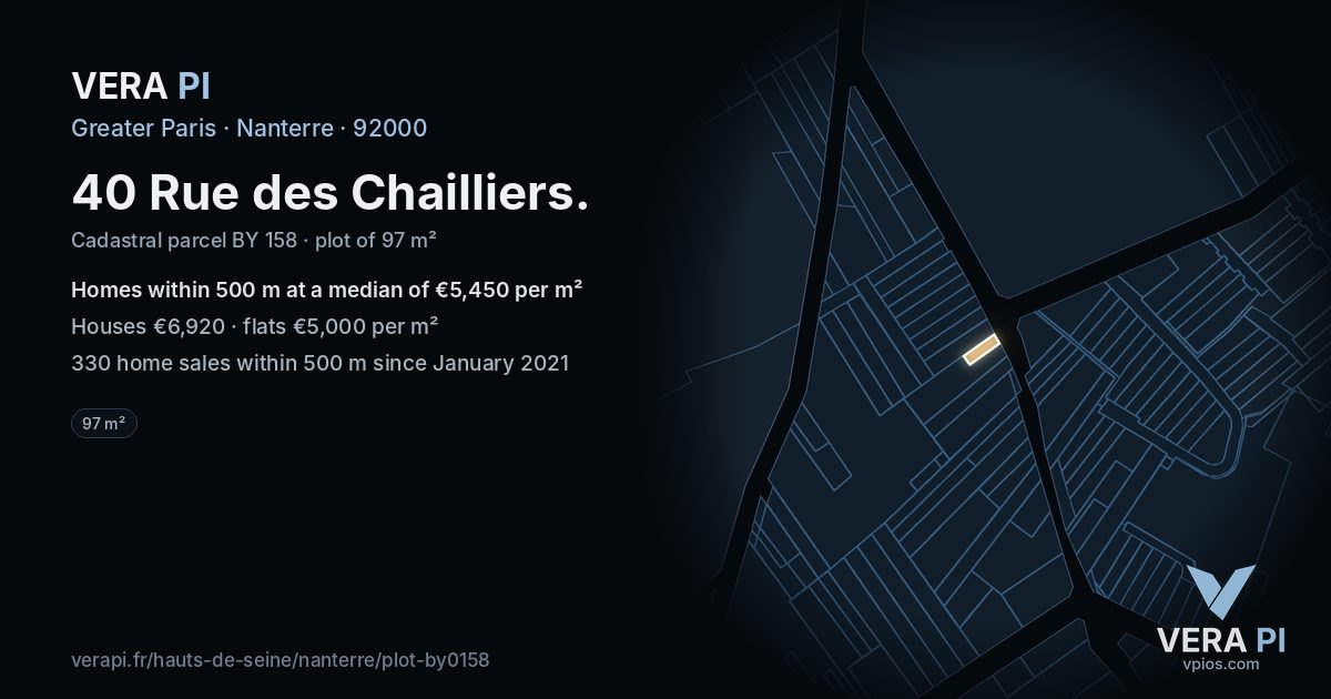40 Rue des Chailliers, Nanterre at night – the plot lit, the parcels around coloured by the prices near them