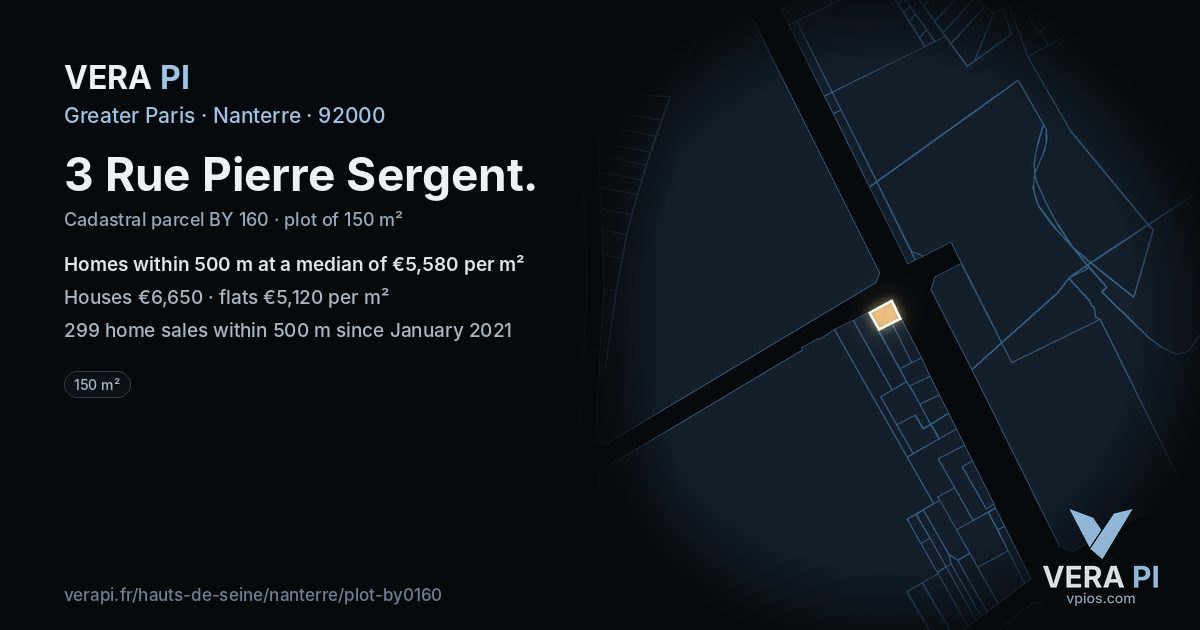 3 Rue Pierre Sergent, Nanterre at night – the plot lit, the parcels around coloured by the prices near them