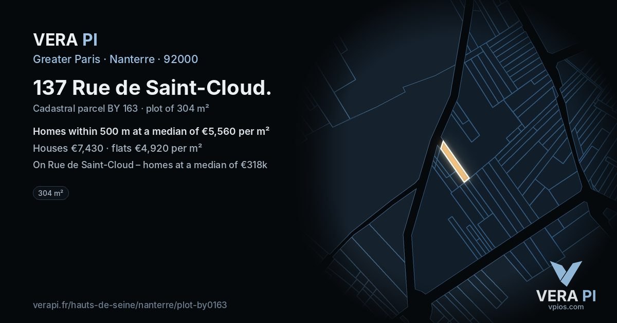 137 Rue de Saint-Cloud, Nanterre at night – the plot lit, the parcels around coloured by the prices near them