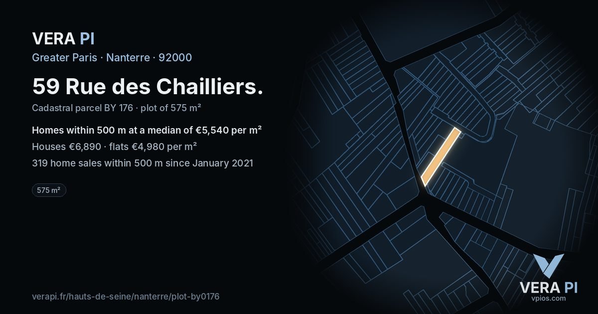 59 Rue des Chailliers, Nanterre at night – the plot lit, the parcels around coloured by the prices near them