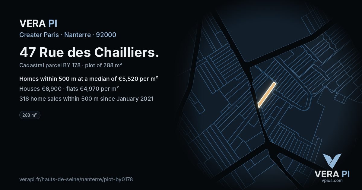 47 Rue des Chailliers, Nanterre at night – the plot lit, the parcels around coloured by the prices near them