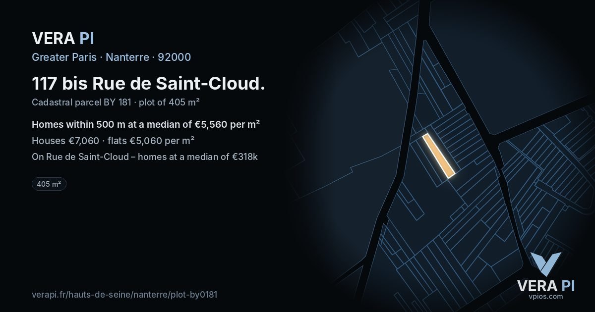 117 bis Rue de Saint-Cloud, Nanterre at night – the plot lit, the parcels around coloured by the prices near them