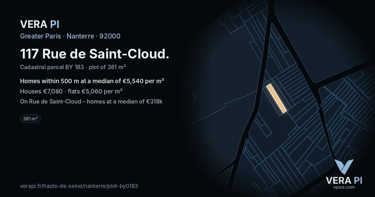 117 Rue de Saint-Cloud, Nanterre at night – the plot lit, the parcels around coloured by the prices near them