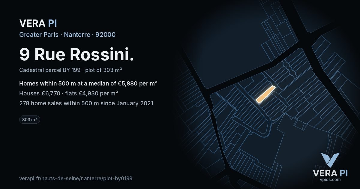 9 Rue Rossini, Nanterre at night – the plot lit, the parcels around coloured by the prices near them