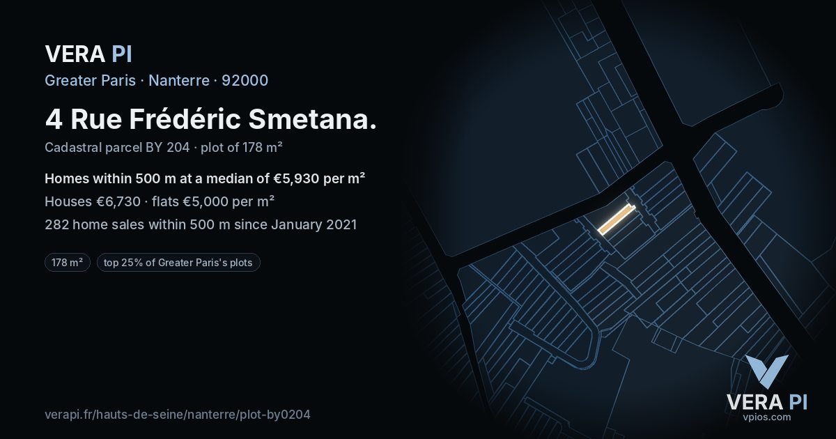 4 Rue Frédéric Smetana, Nanterre at night – the plot lit, the parcels around coloured by the prices near them