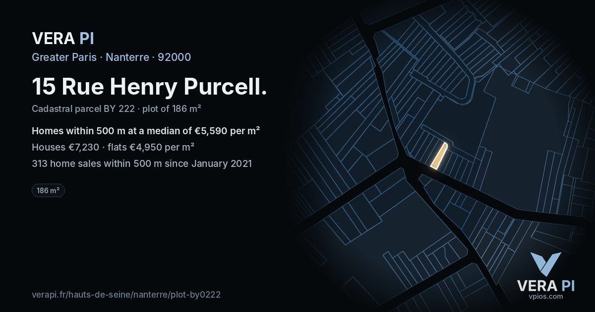 15 Rue Henry Purcell, Nanterre at night – the plot lit, the parcels around coloured by the prices near them