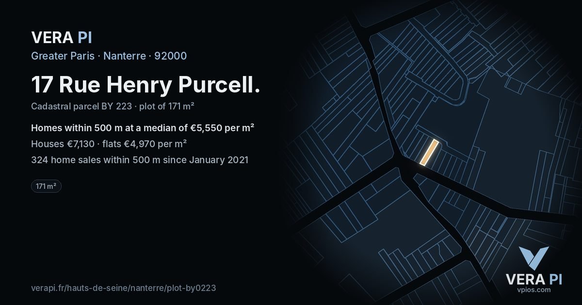 17 Rue Henry Purcell, Nanterre at night – the plot lit, the parcels around coloured by the prices near them