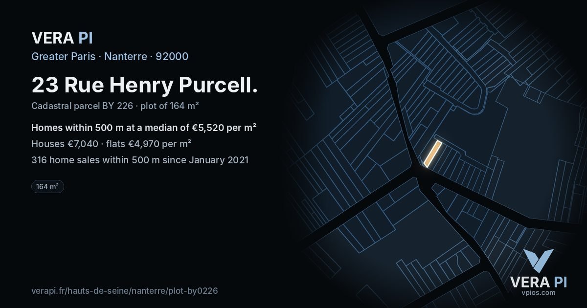 23 Rue Henry Purcell, Nanterre at night – the plot lit, the parcels around coloured by the prices near them