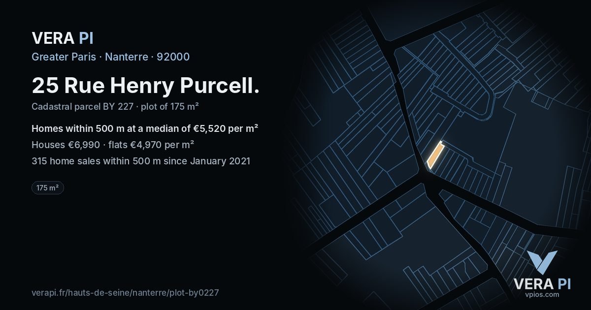 25 Rue Henry Purcell, Nanterre at night – the plot lit, the parcels around coloured by the prices near them