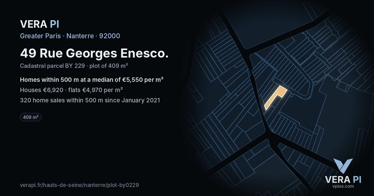 49 Rue Georges Enesco, Nanterre at night – the plot lit, the parcels around coloured by the prices near them