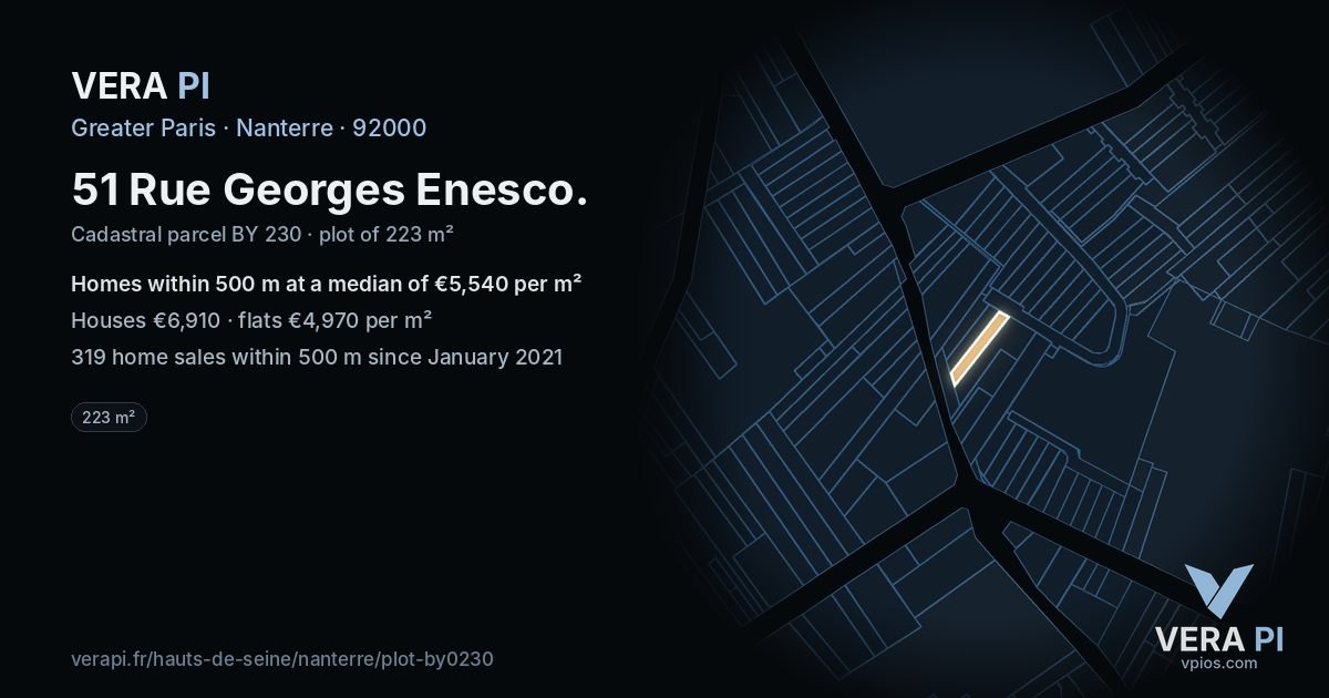 51 Rue Georges Enesco, Nanterre at night – the plot lit, the parcels around coloured by the prices near them