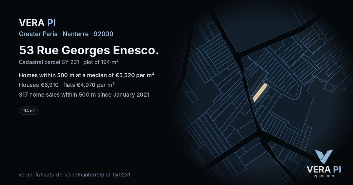 53 Rue Georges Enesco, Nanterre at night – the plot lit, the parcels around coloured by the prices near them