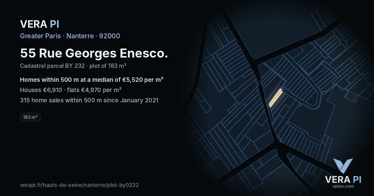 55 Rue Georges Enesco, Nanterre at night – the plot lit, the parcels around coloured by the prices near them