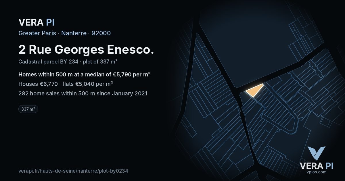 2 Rue Georges Enesco, Nanterre at night – the plot lit, the parcels around coloured by the prices near them