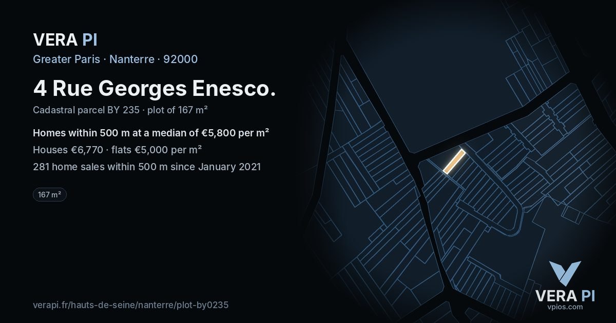 4 Rue Georges Enesco, Nanterre at night – the plot lit, the parcels around coloured by the prices near them
