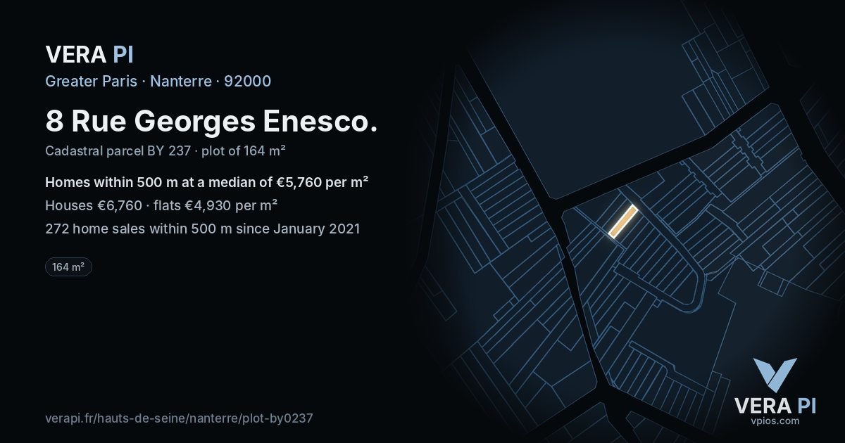 8 Rue Georges Enesco, Nanterre at night – the plot lit, the parcels around coloured by the prices near them