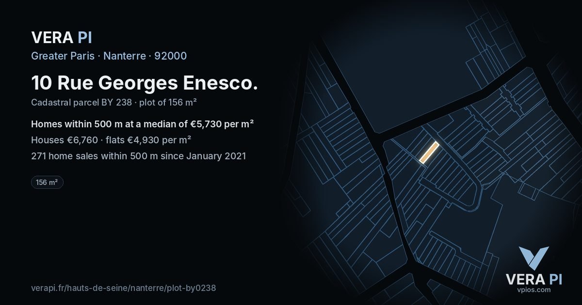 10 Rue Georges Enesco, Nanterre at night – the plot lit, the parcels around coloured by the prices near them