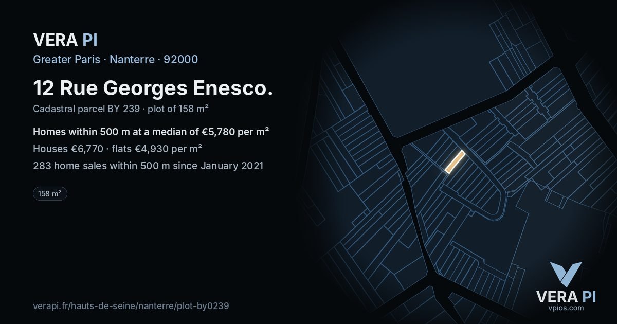12 Rue Georges Enesco, Nanterre at night – the plot lit, the parcels around coloured by the prices near them