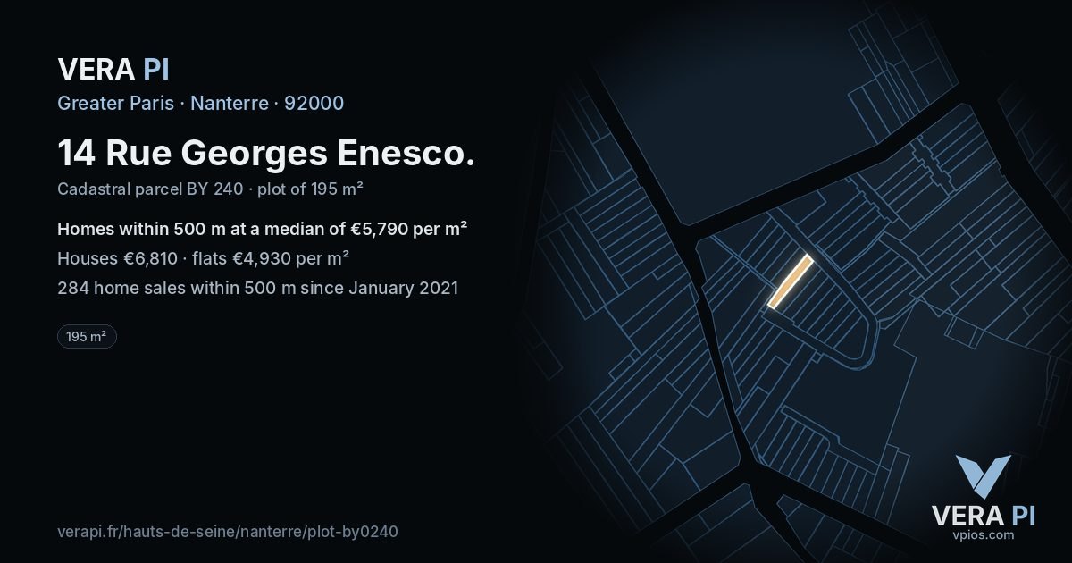 14 Rue Georges Enesco, Nanterre at night – the plot lit, the parcels around coloured by the prices near them