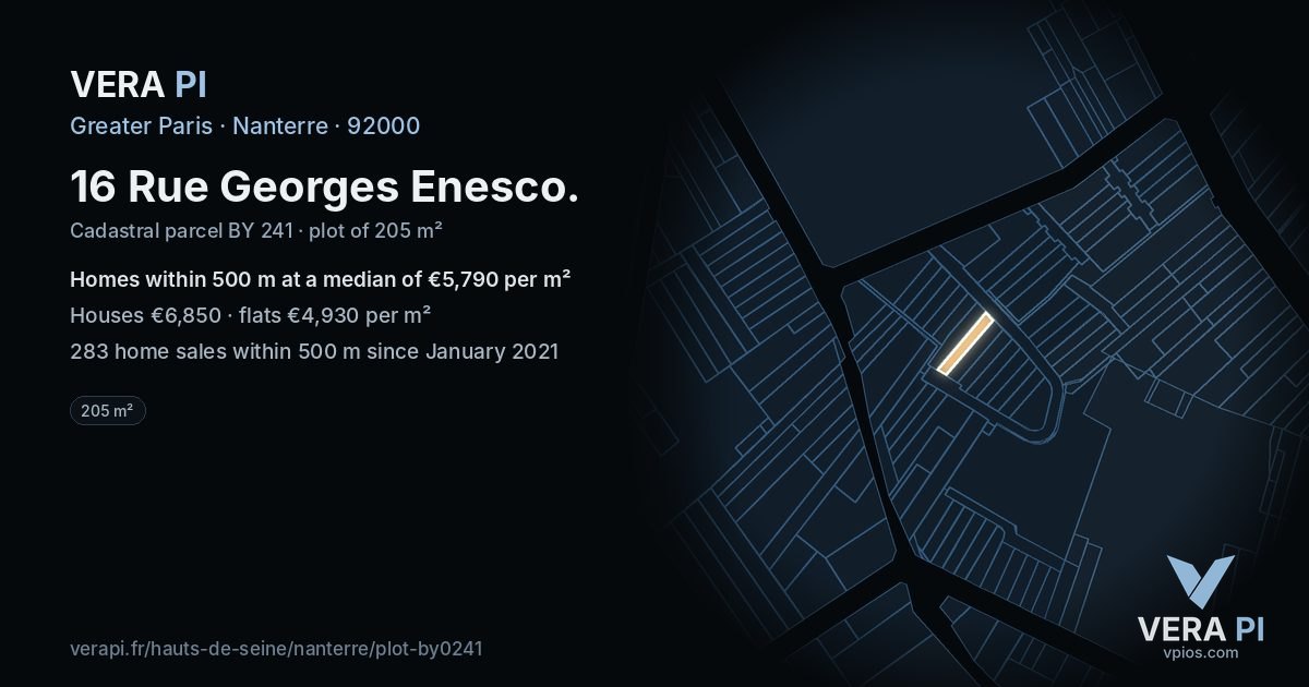 16 Rue Georges Enesco, Nanterre at night – the plot lit, the parcels around coloured by the prices near them
