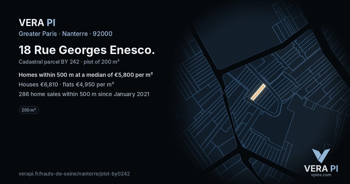 18 Rue Georges Enesco, Nanterre at night – the plot lit, the parcels around coloured by the prices near them