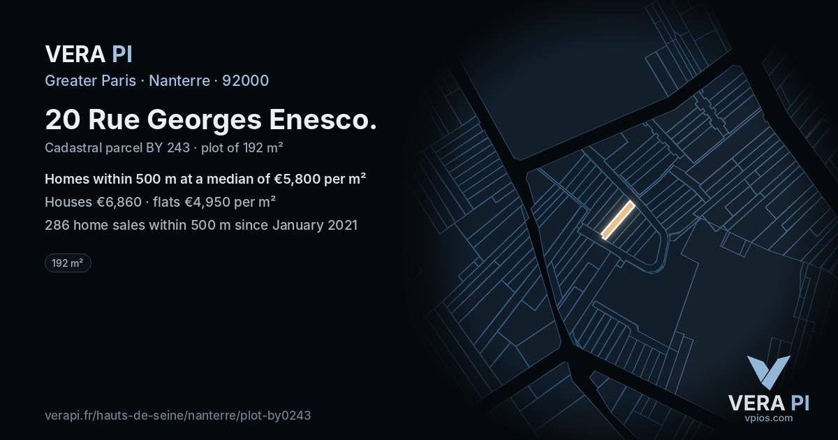 20 Rue Georges Enesco, Nanterre at night – the plot lit, the parcels around coloured by the prices near them