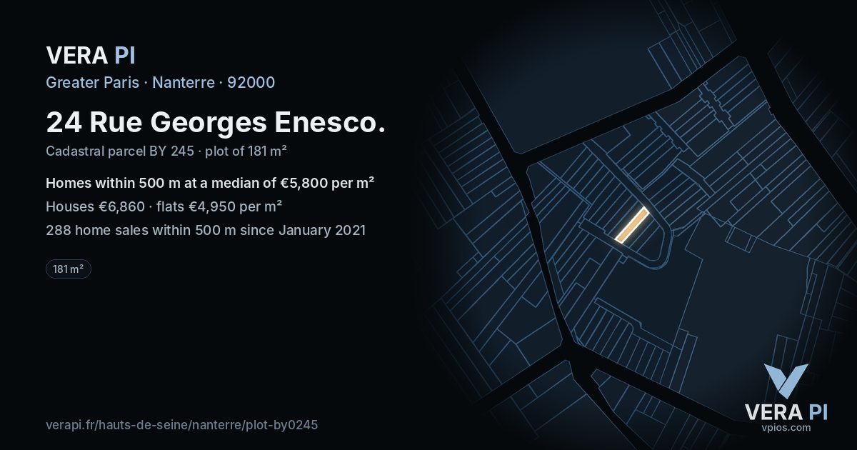 24 Rue Georges Enesco, Nanterre at night – the plot lit, the parcels around coloured by the prices near them