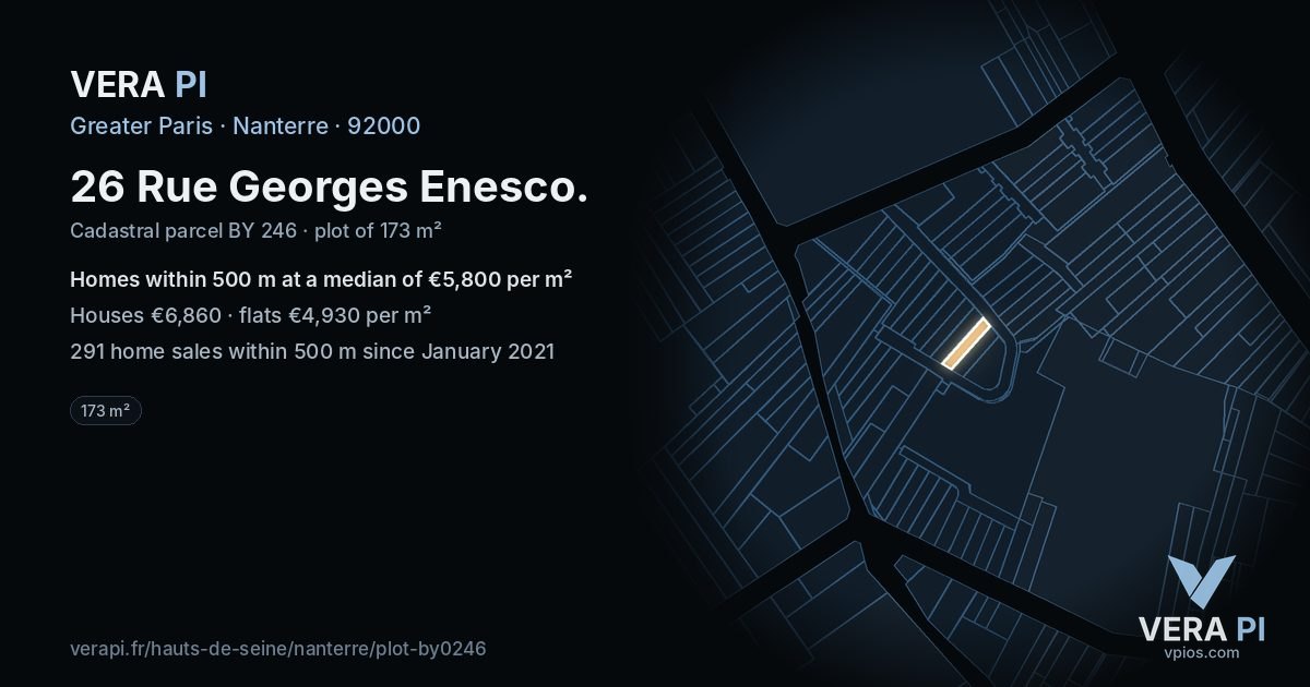 26 Rue Georges Enesco, Nanterre at night – the plot lit, the parcels around coloured by the prices near them