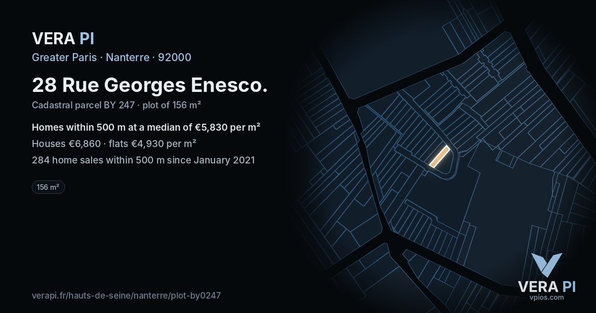 28 Rue Georges Enesco, Nanterre at night – the plot lit, the parcels around coloured by the prices near them