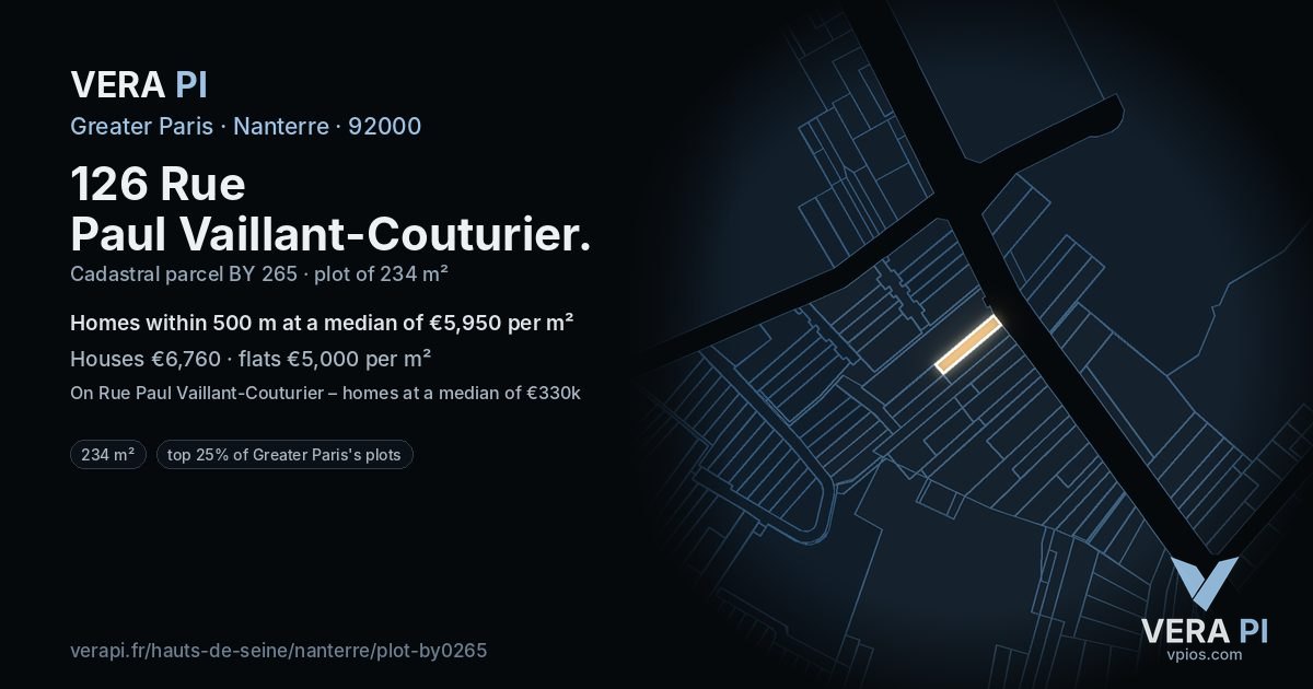 126 Rue Paul Vaillant-Couturier, Nanterre at night – the plot lit, the parcels around coloured by the prices near them