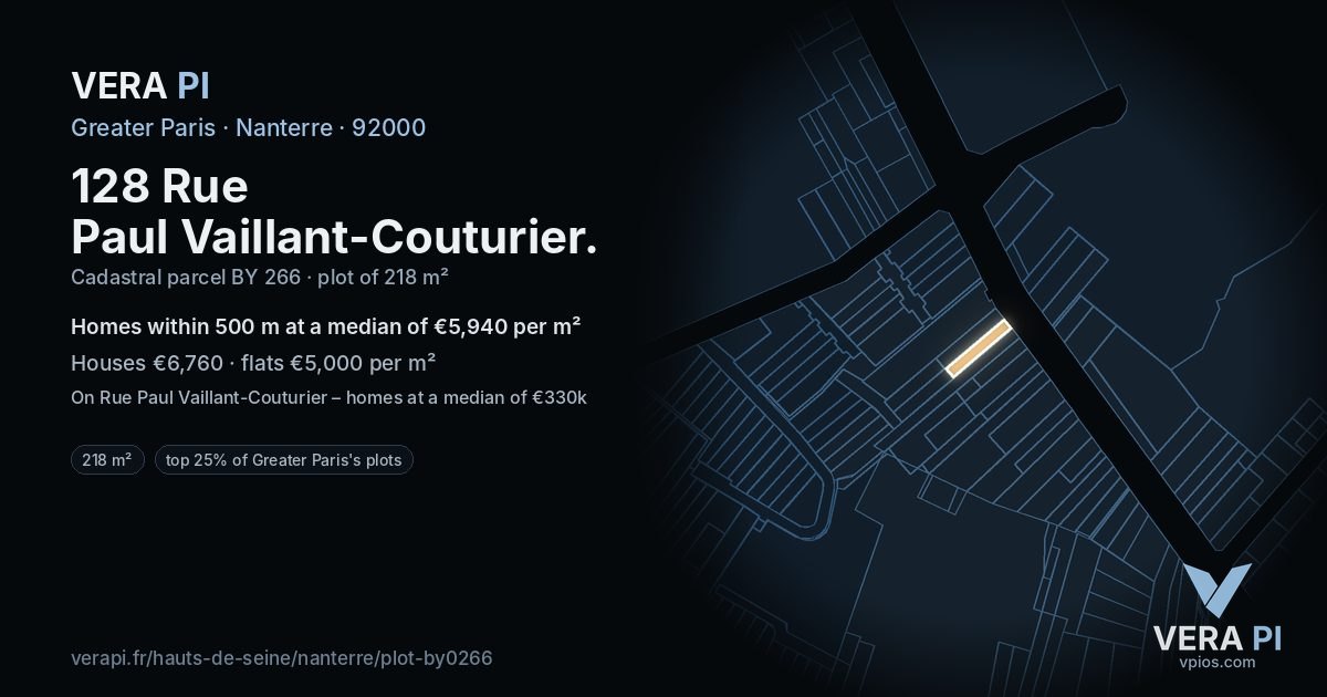 128 Rue Paul Vaillant-Couturier, Nanterre at night – the plot lit, the parcels around coloured by the prices near them