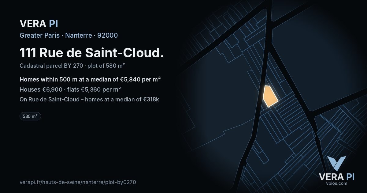 111 Rue de Saint-Cloud, Nanterre at night – the plot lit, the parcels around coloured by the prices near them