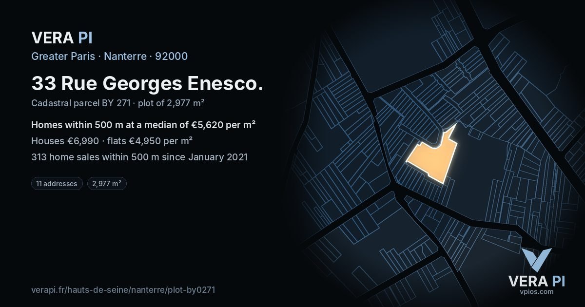33 Rue Georges Enesco, Nanterre at night – the plot lit, the parcels around coloured by the prices near them