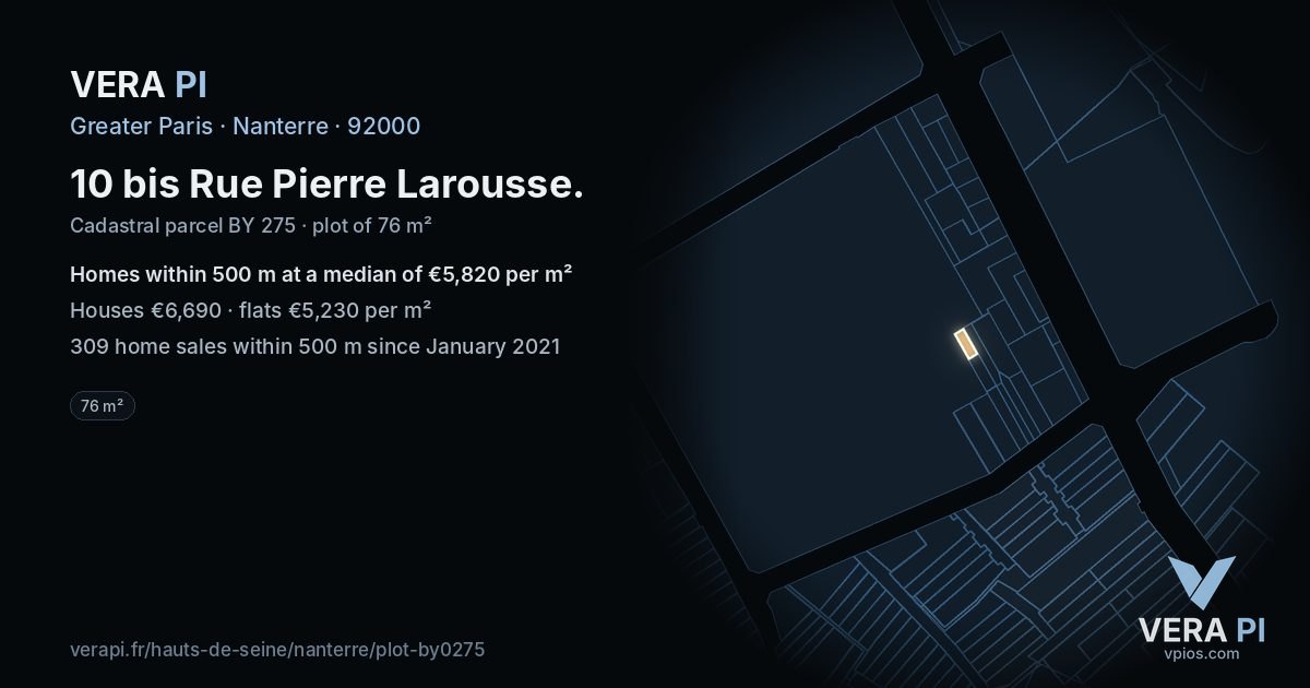 10 bis Rue Pierre Larousse, Nanterre at night – the plot lit, the parcels around coloured by the prices near them