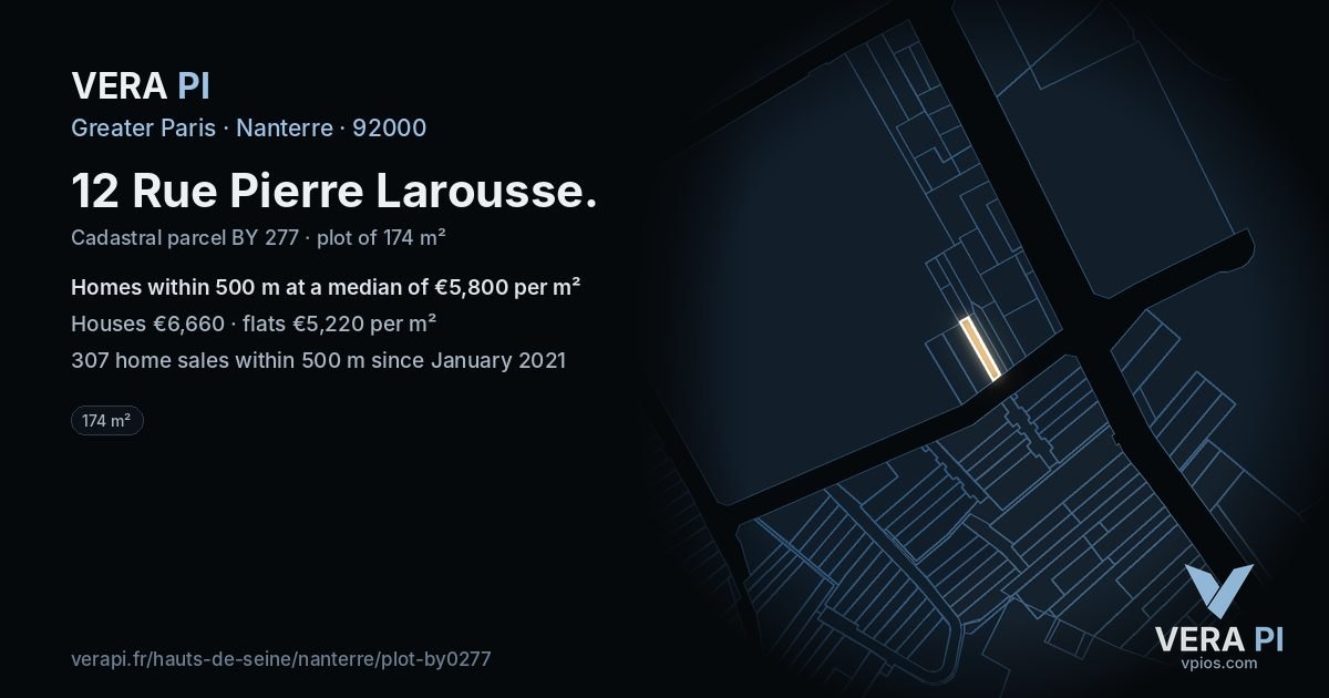 12 Rue Pierre Larousse, Nanterre at night – the plot lit, the parcels around coloured by the prices near them