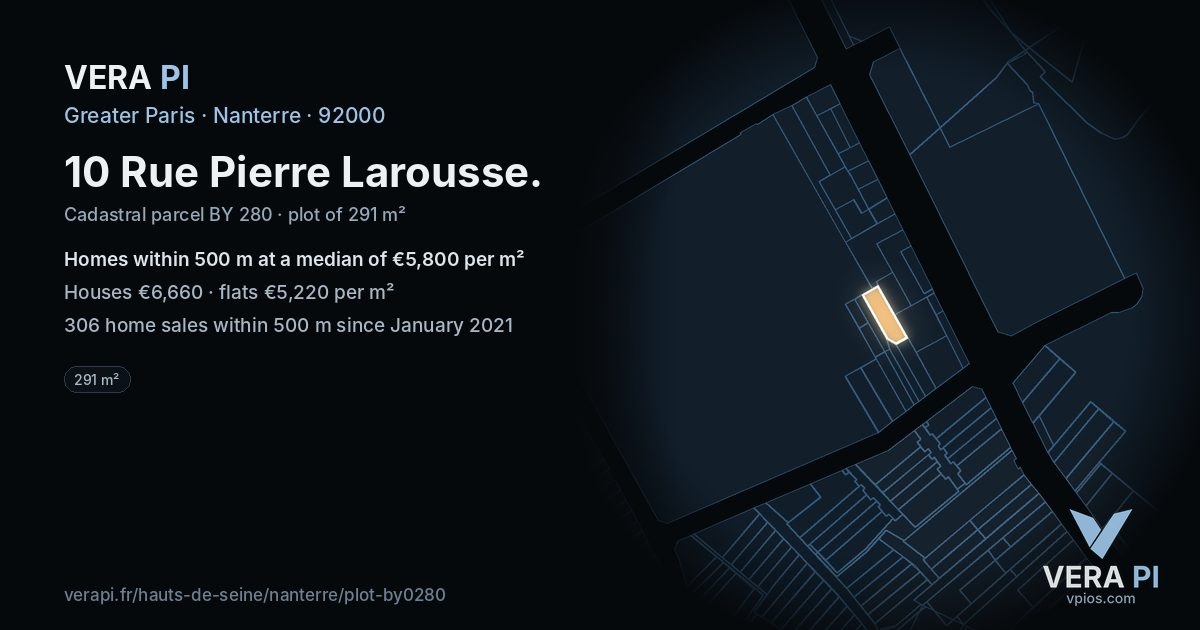 10 Rue Pierre Larousse, Nanterre at night – the plot lit, the parcels around coloured by the prices near them