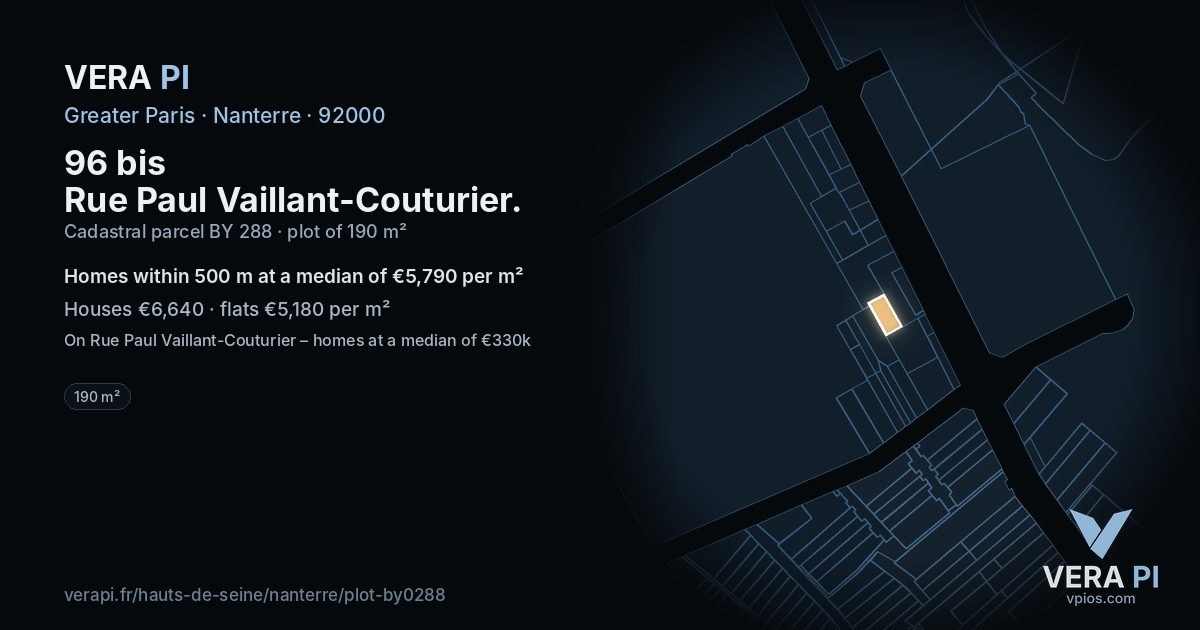 96 bis Rue Paul Vaillant-Couturier, Nanterre at night – the plot lit, the parcels around coloured by the prices near them