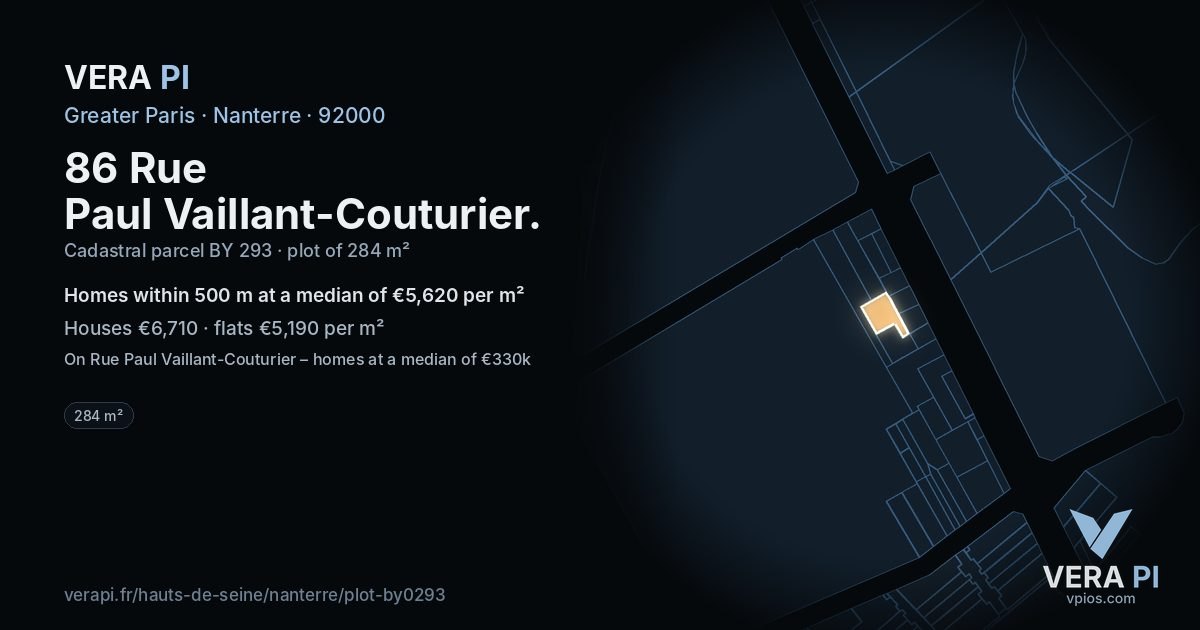 86 Rue Paul Vaillant-Couturier, Nanterre at night – the plot lit, the parcels around coloured by the prices near them