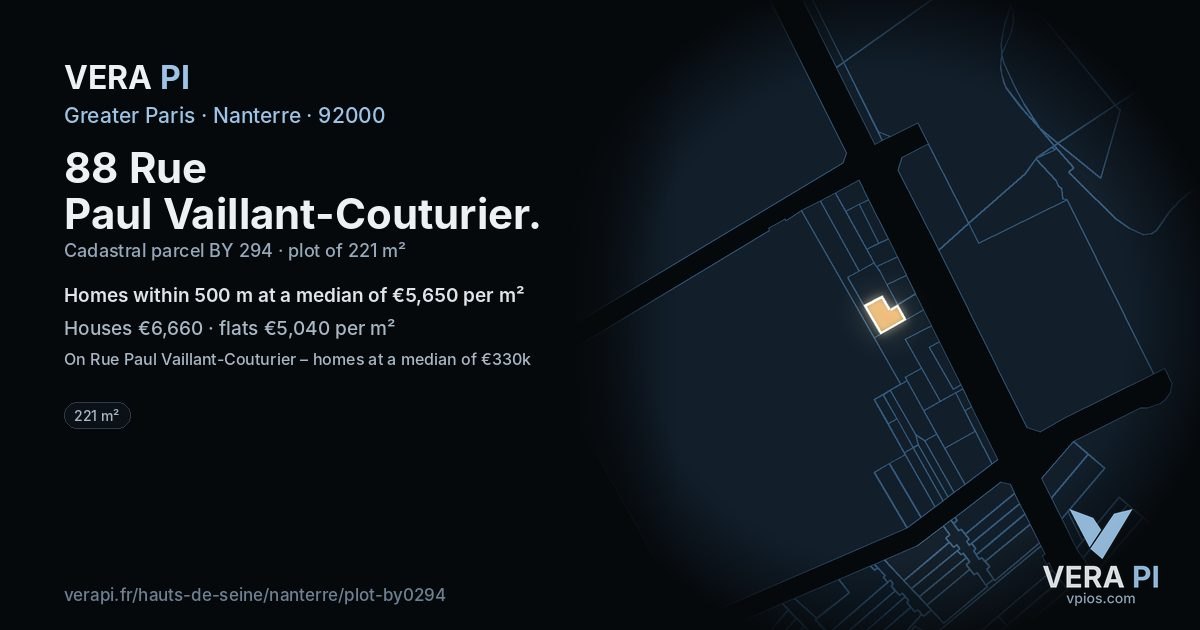 88 Rue Paul Vaillant-Couturier, Nanterre at night – the plot lit, the parcels around coloured by the prices near them