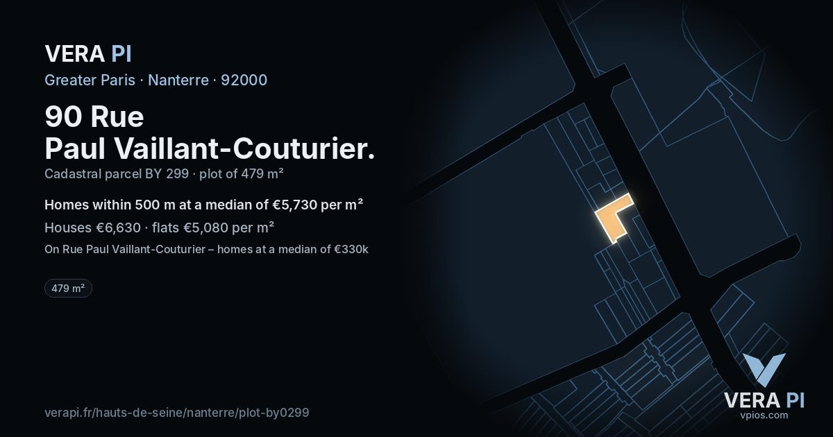 90 Rue Paul Vaillant-Couturier, Nanterre at night – the plot lit, the parcels around coloured by the prices near them