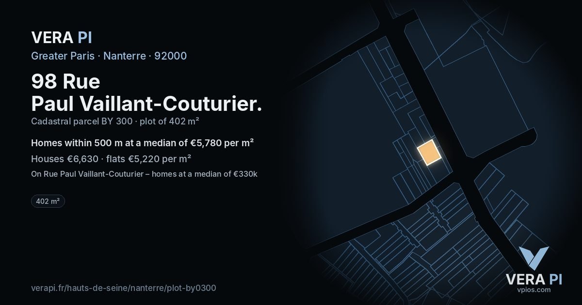 98 Rue Paul Vaillant-Couturier, Nanterre at night – the plot lit, the parcels around coloured by the prices near them