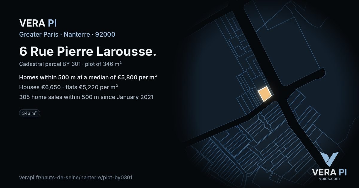 6 Rue Pierre Larousse, Nanterre at night – the plot lit, the parcels around coloured by the prices near them
