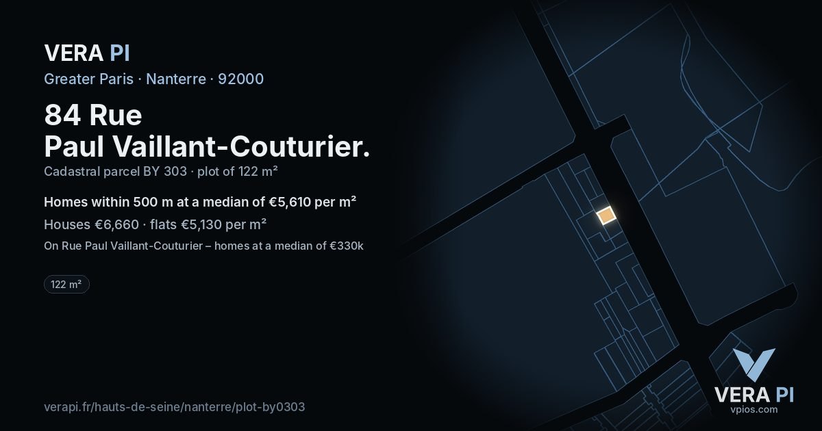 84 Rue Paul Vaillant-Couturier, Nanterre at night – the plot lit, the parcels around coloured by the prices near them