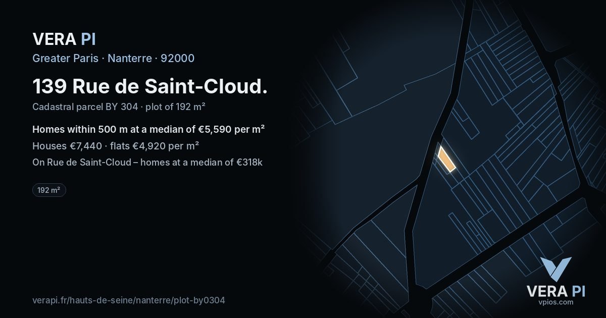 139 Rue de Saint-Cloud, Nanterre at night – the plot lit, the parcels around coloured by the prices near them