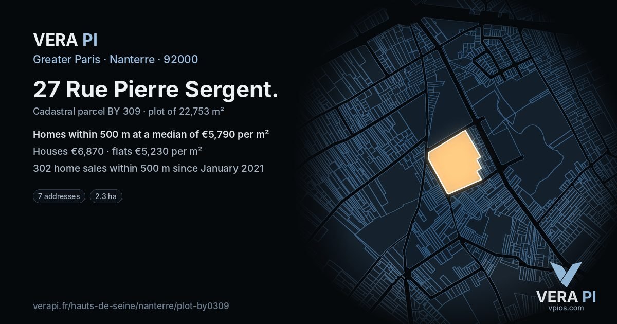 27 Rue Pierre Sergent, Nanterre at night – the plot lit, the parcels around coloured by the prices near them