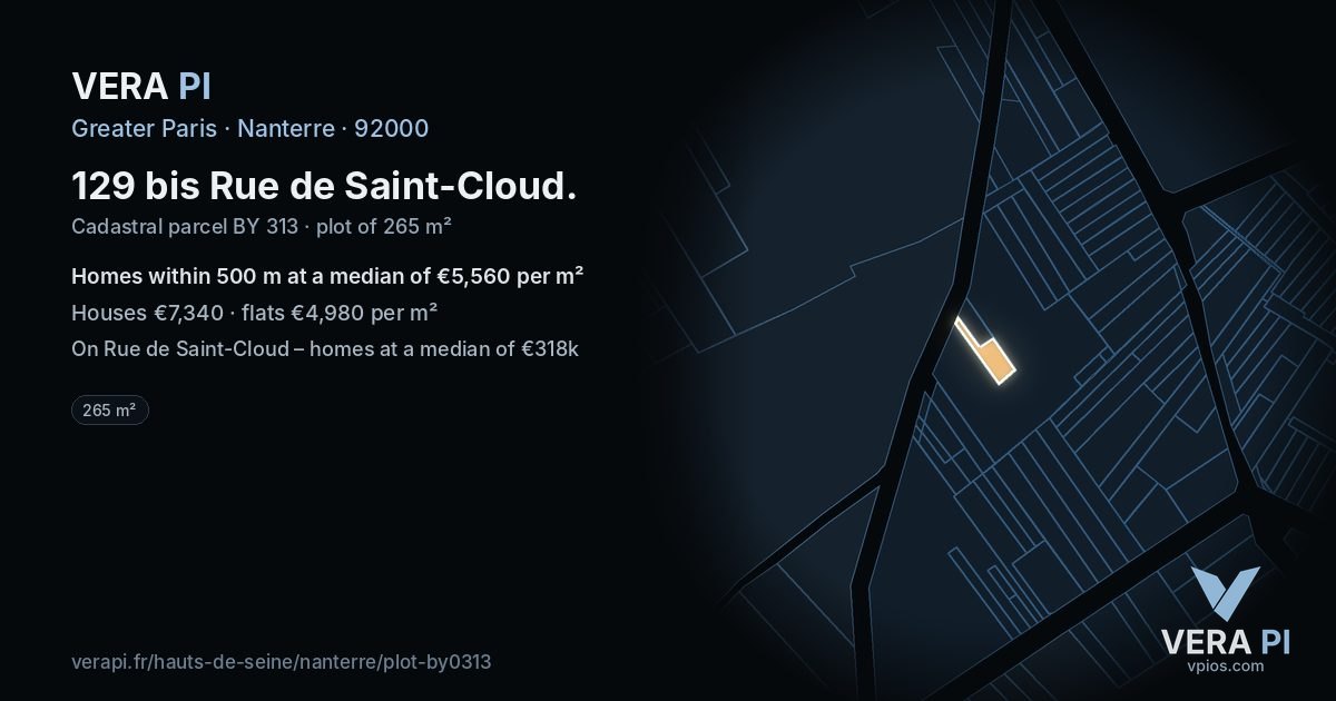129 bis Rue de Saint-Cloud, Nanterre at night – the plot lit, the parcels around coloured by the prices near them